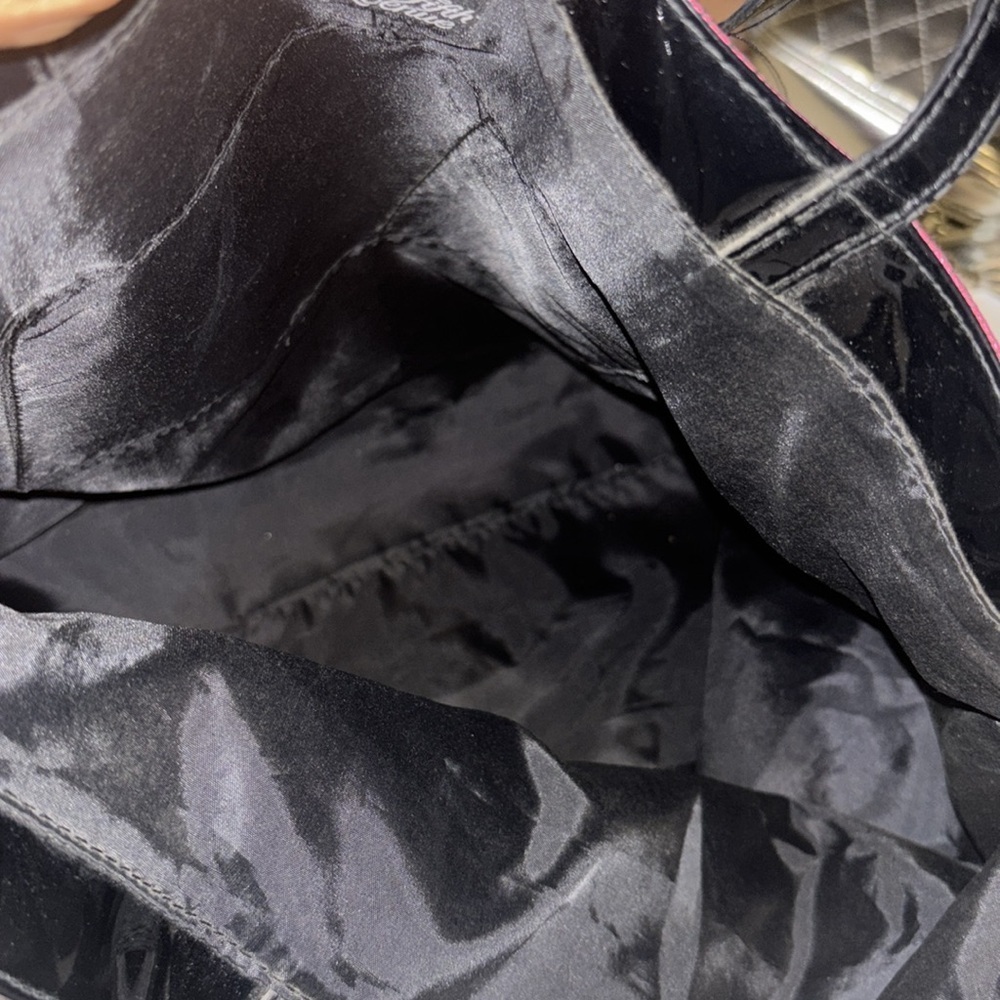 SAKS FIFTH AVE PINK METALLIC TOTE SOFT POLYESTER CLOTH BLACK PATENT LEATHER - Picture 7 of 9
